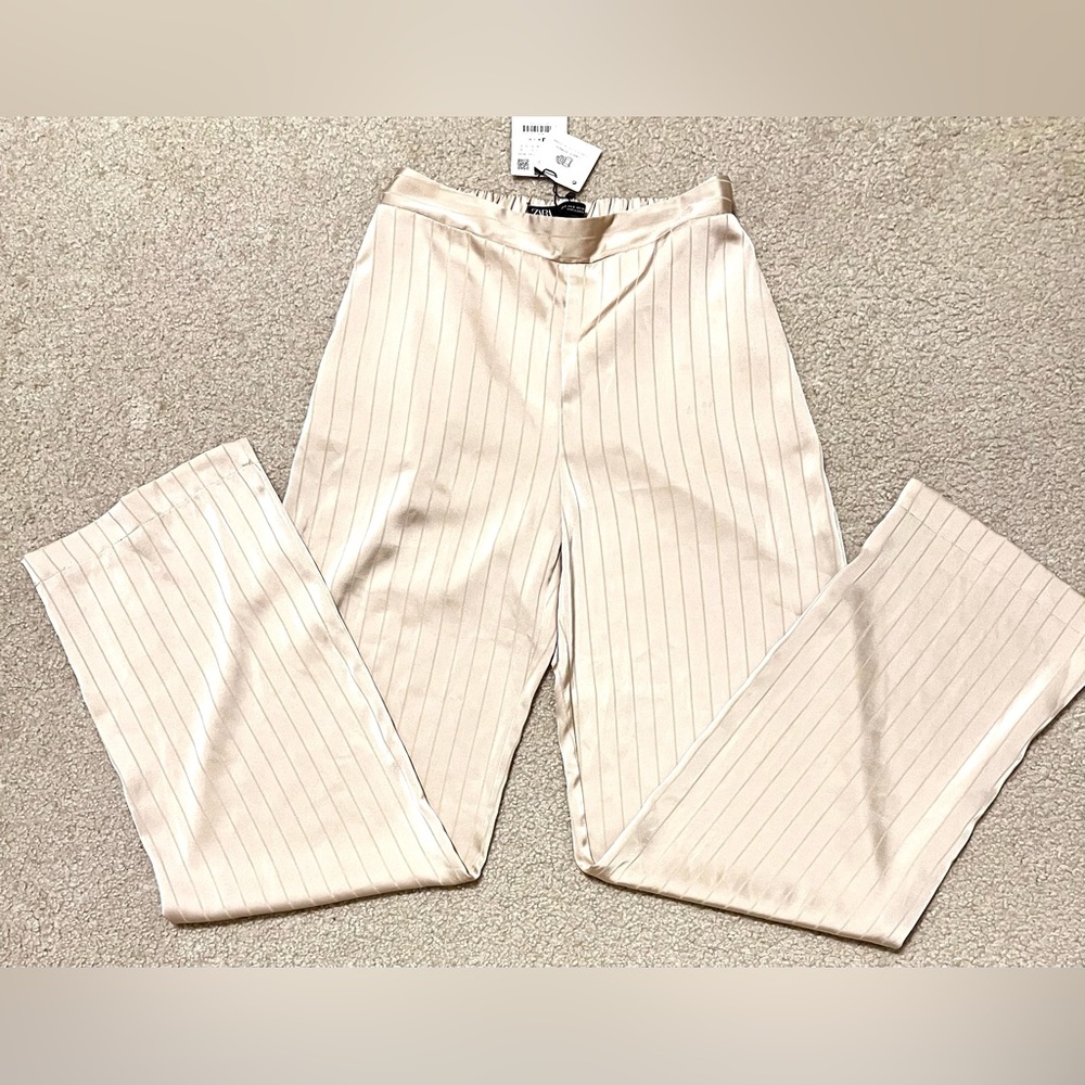 Zara Cream Pinstripe Wide-Leg Trousers with Subtle Stripes